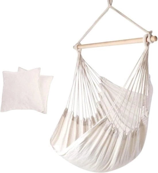 Sedia a Sospensione Cocoon Tela di Cotone | Sedia a Sospensione con 2 Cuscini e Standard in Legno | Sedia a Dondolo per Interni ed Esterni | Arredamento per Terrazzo Giardino Camera | Supporta fino a 120kg | 130x100cm Sedia a Sospensione Cocoon