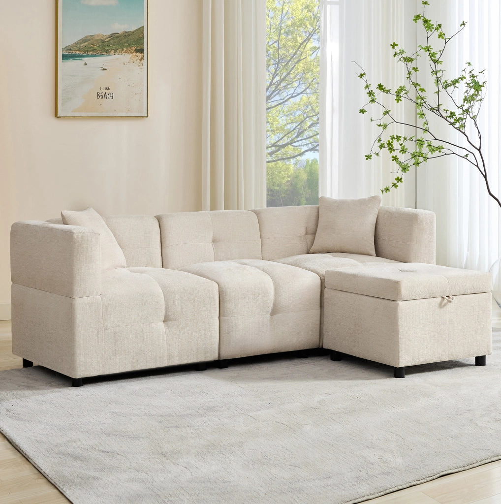 Divano angolare modulare 3 posti in tessuto di ciniglia beige con pouf contenitore e 2 cuscini