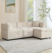 Divano angolare modulare 3 posti in tessuto di ciniglia beige con pouf contenitore e 2 cuscini