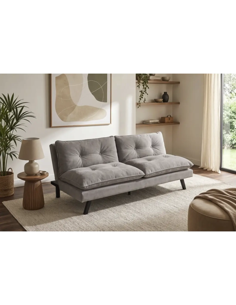 Divano letto AZENA 3 posti in tessuto ciniglia – Beige e nero – 190 x 80 x 90 cm