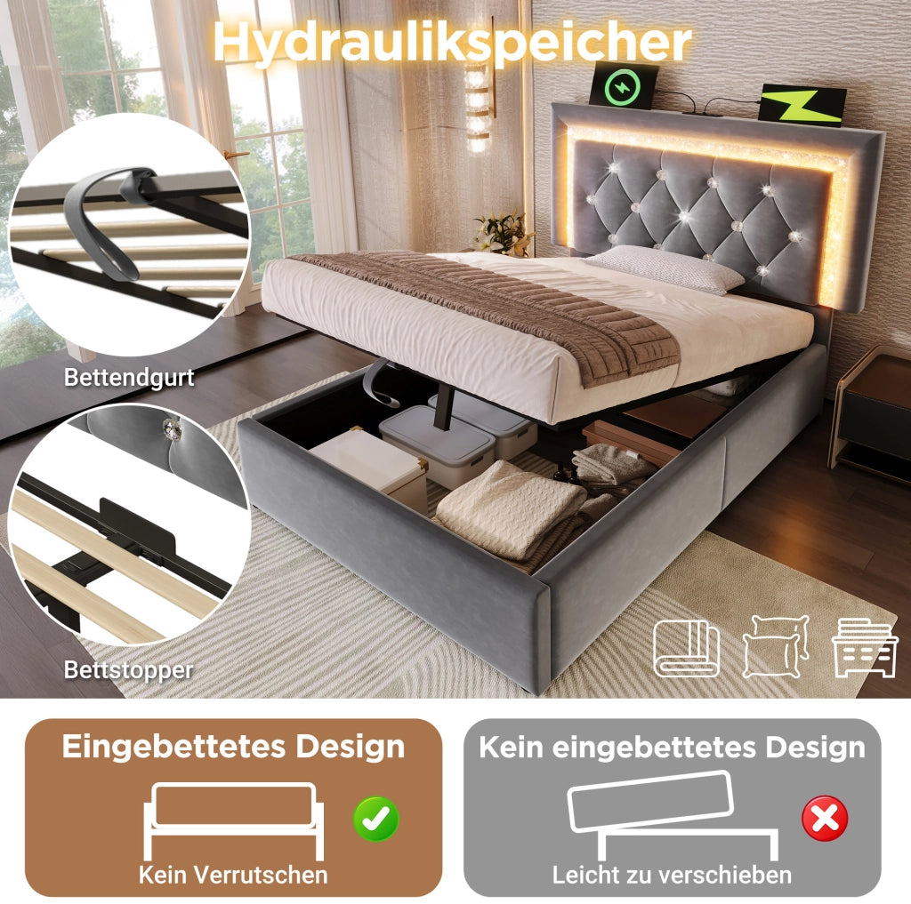 Letto singolo 90x200 cm con materasso, LED, USB-C e contenitore