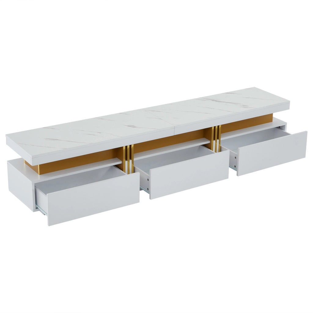 OKWISH Mobile TV con 3 Cassetti e Passacavi, per TV fino a 90 Pollici, Effetto Marmo, Bianco, 200 x 40 x 42 cm