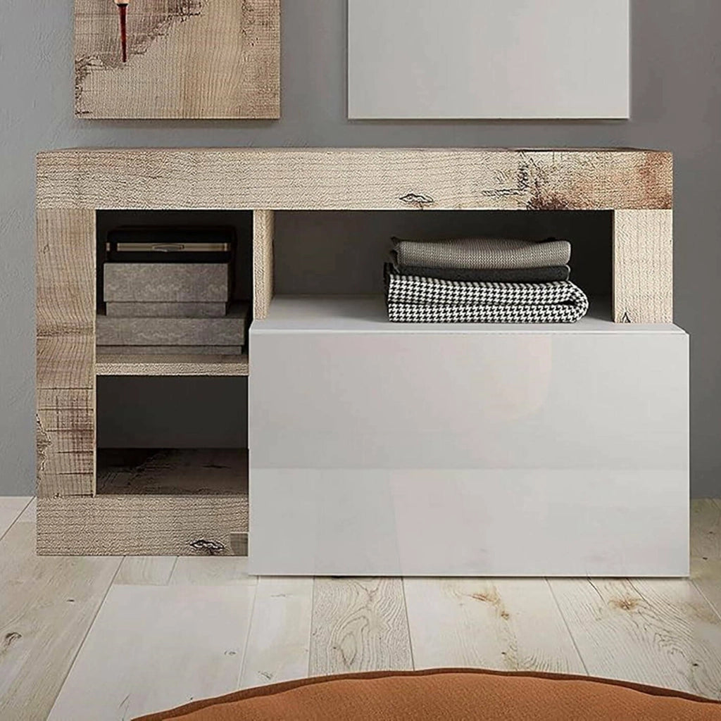 Scarpiera Adonide, Mobile portascarpe, Armadio da ingresso multiuso, Mobiletto per calzature, Made in Italy, 91x35 h58 cm, Bianco lucido e Acacia