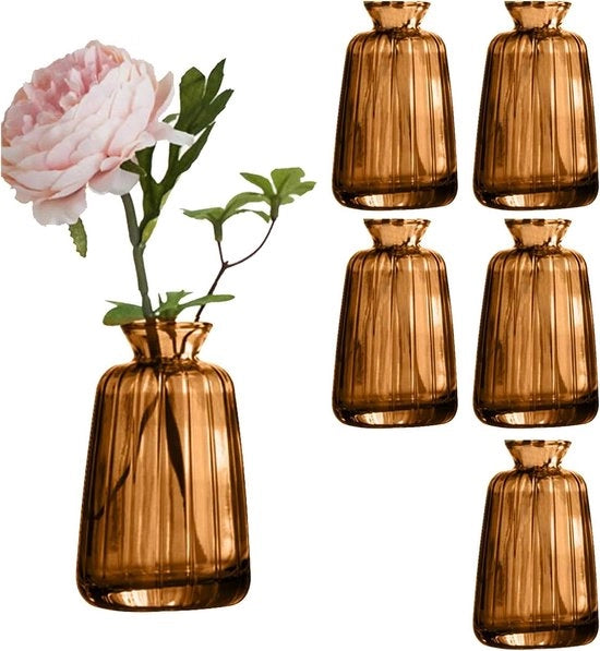 Set di 6 Vasi in Vetro per Decorazione di Tavola - Set di Vasi Mini per Decorazione di Tavola di Matrimonio - Set di Vasi per Fiori (11 × 6,5 cm Miele)
