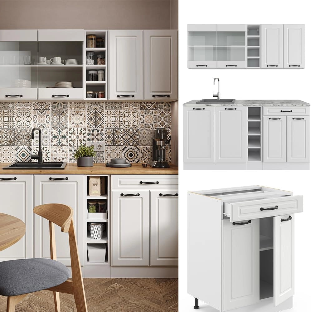 Cucina completa R-Line, Casa di campagna bianca/bianco, 160 cm, PL Antracite, con disposizione flessibile dei moduli ed espandibile