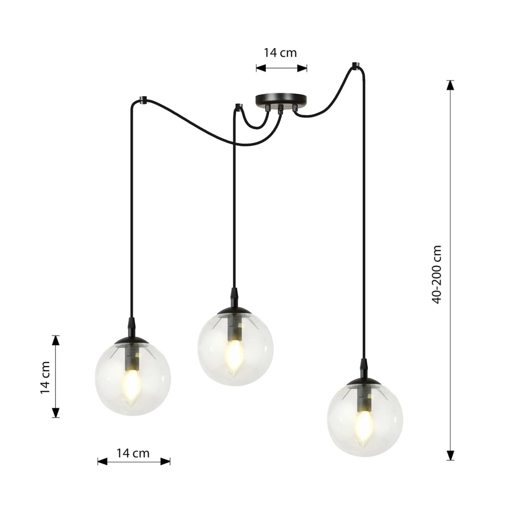 Lampadario 3 Luci Ginevra In Acciaio Nero Con Cavo Lungo E Vetri Trasparente
