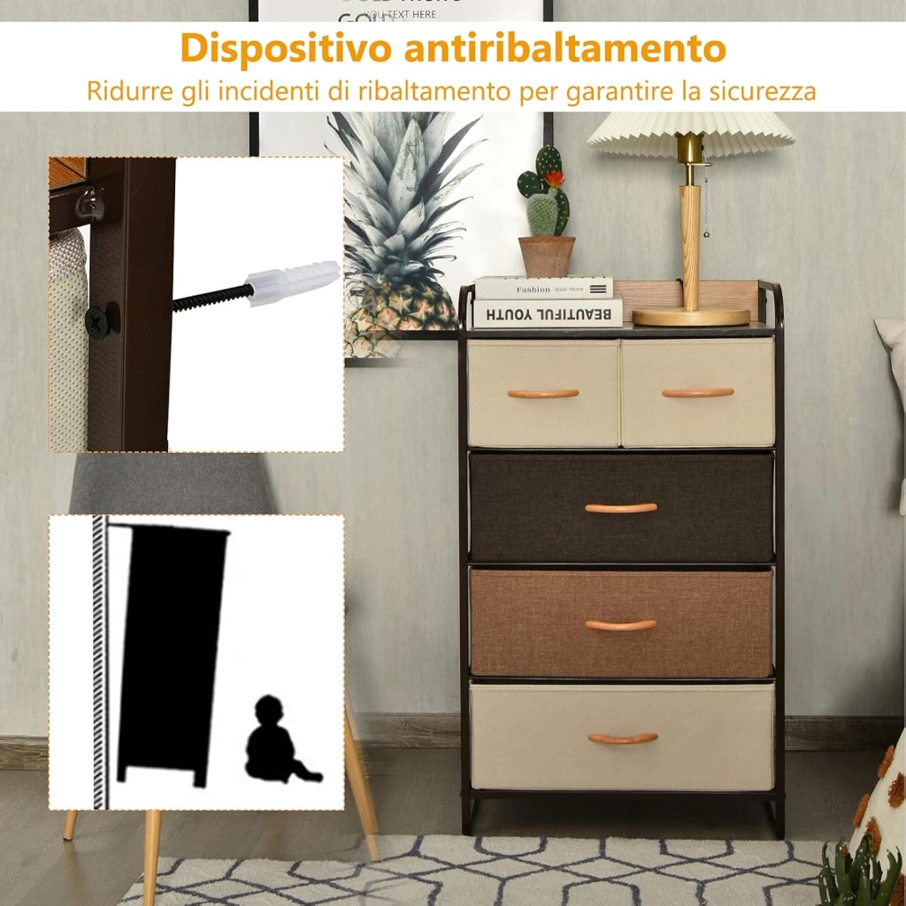 Cassettiera con 4/5 Cassetti, Organizer Verticale con Cassetti Pieghevoli in Tessuto, Cassettiera Armadietto, Comò con Struttura in Acciaio e Superficie in Legno (5 cassetti)