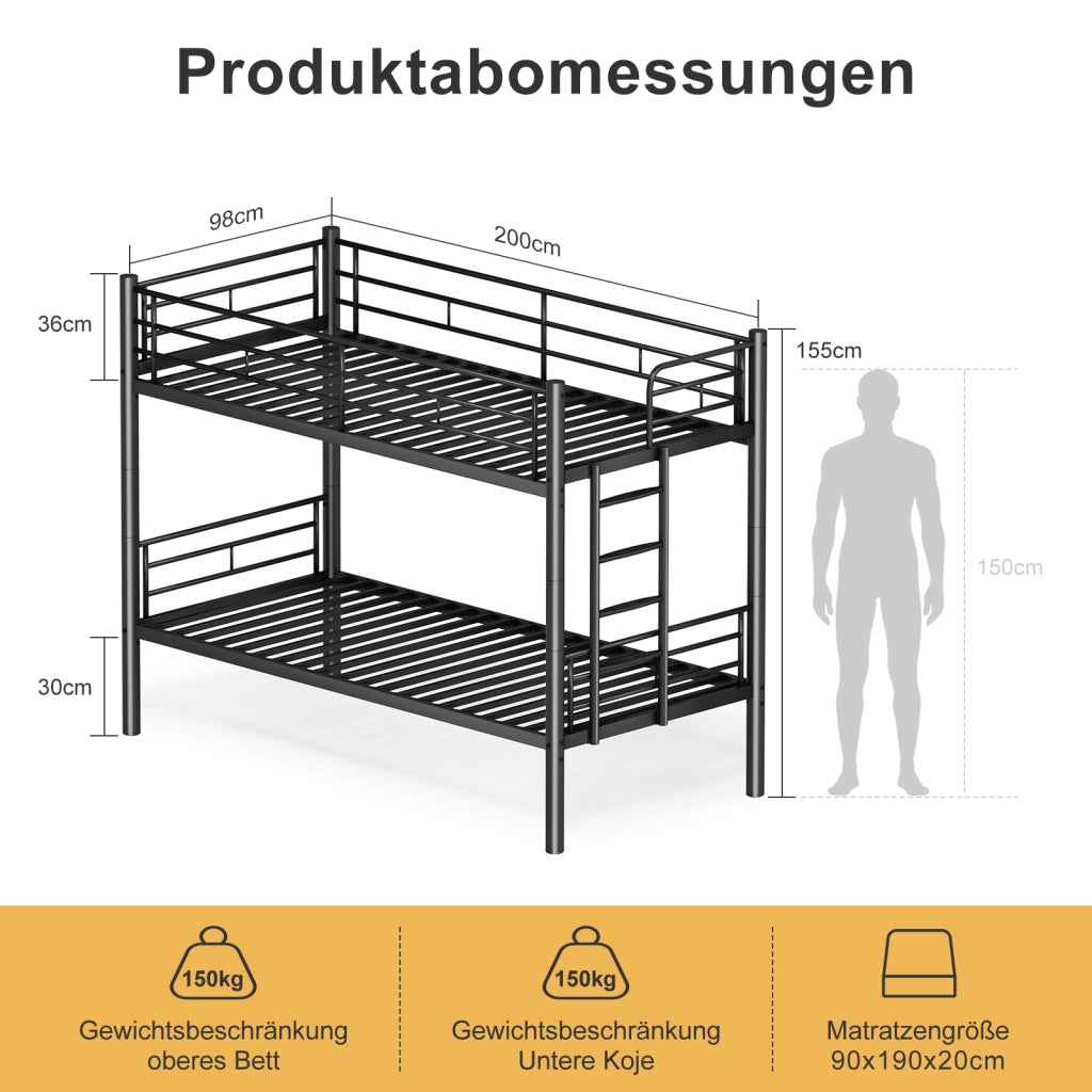 Etagenbett mit Sicherheitsgel?nder metallo nero 90x200 cm