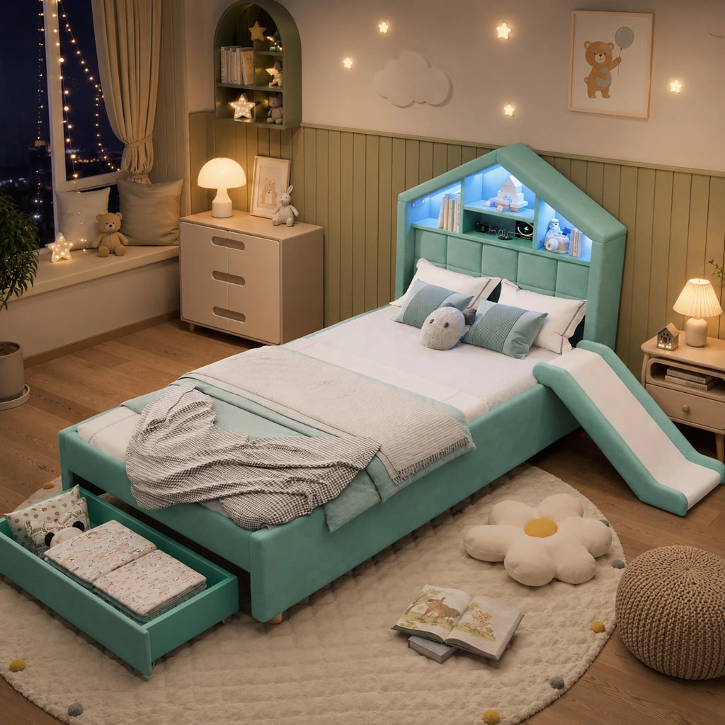 letto per bambini velluto blu verde 156 x 214 cm