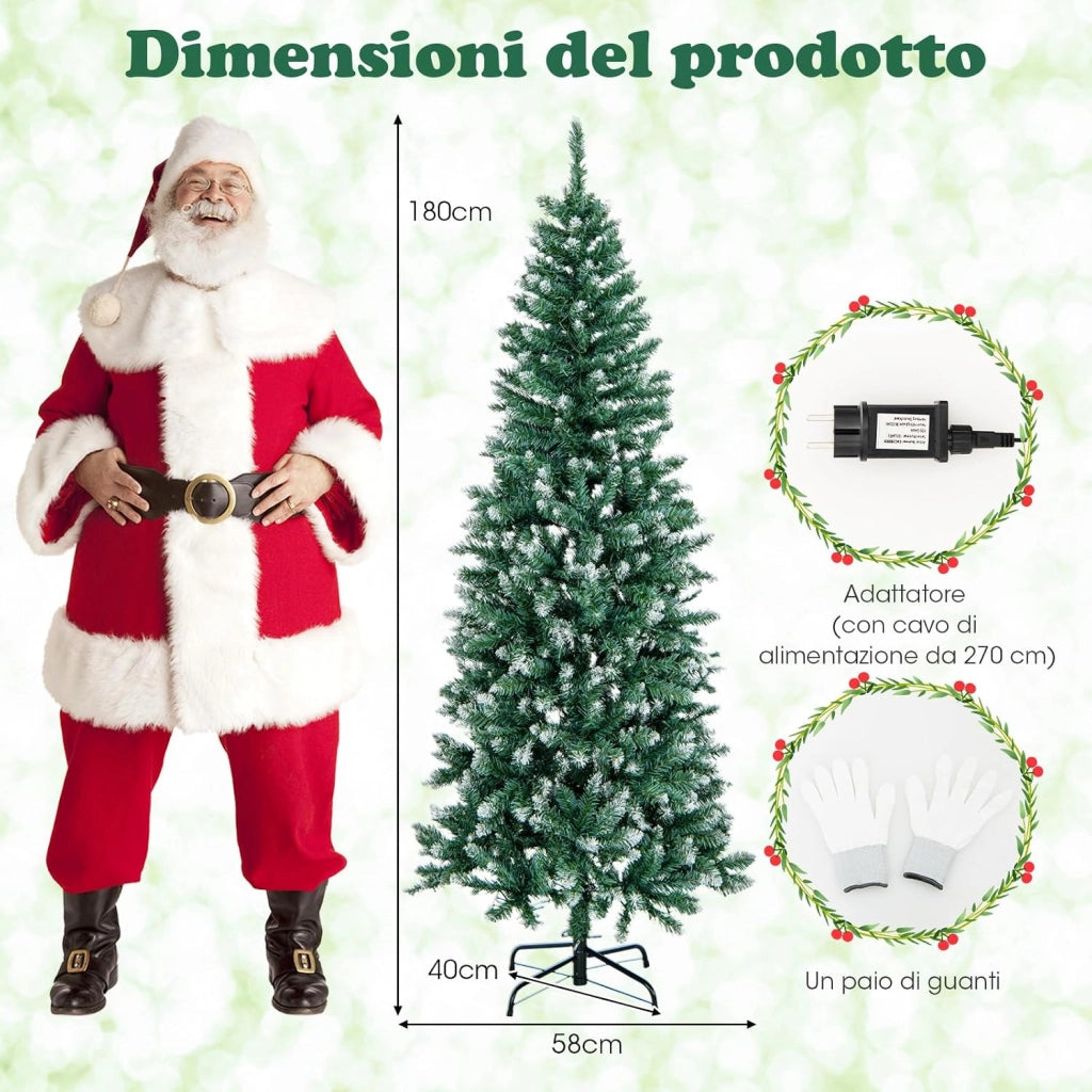 Albero di Natale Slim con Luci 150/180cm, Albero di Natale Innevato con 408/618/818/1298 Punte, 200/250/350/500 Luci LED Bianche Calde, Supporto in Metallo Pieghevole (180 cm)