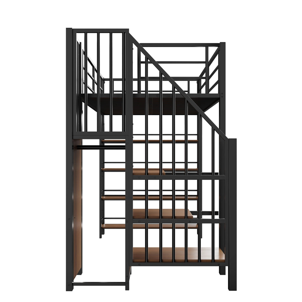 Letto a soppalco singolo con scala contenitore; armadio e mensole; 90 x 200 cm; senza materasso; nero