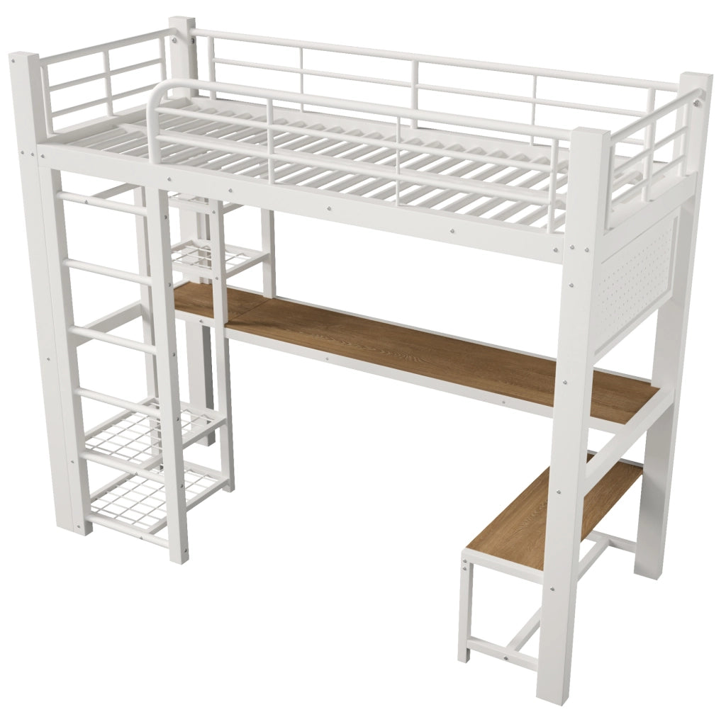 Letto a soppalco 204x95x180 cm multifunzionale con scrivania e LED in metallo bianco