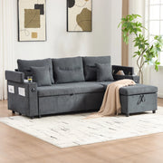 Divano convertibile a 3 posti in lino con contenitore, porte USB-C, chaise longue idraulica e letto estraibile grigio scuro