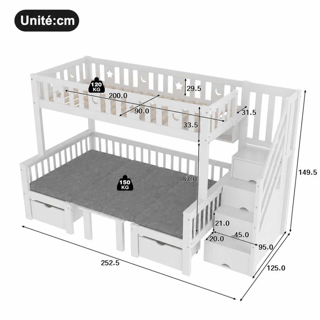LETTO A CASTELLO multifunzionale 90x200 cm con scrivania, bianco