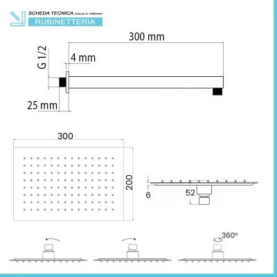 Set doccia da incasso con soffione 30x20 cm e kit doccia completo Lotus