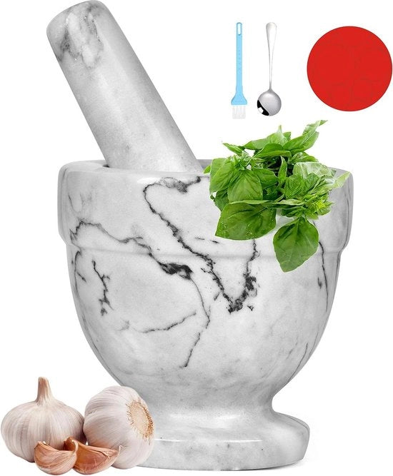 Set di Mortaio e Stampatore per Spezie, Pesto e Erbe - Inclusa Piastra in Silicone e Cucchiaio in Acciaio Inossidabile - Facile da Pulire - 10,9 cm (Piccolo Bianco Grigio)