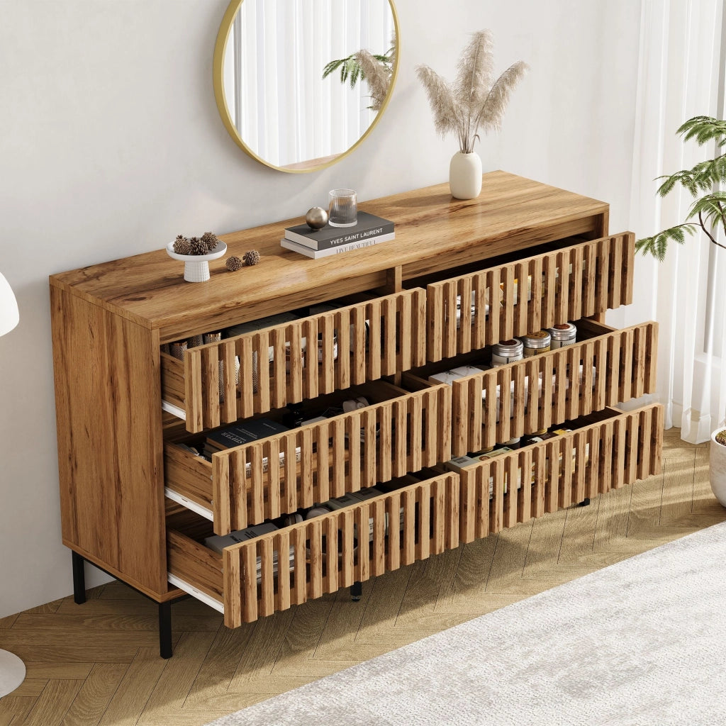 Cassettiera, credenza da sala da pranzo, 6 cassetti, piedini in metallo, finitura effetto legno, 120 x 40 x 81 cm