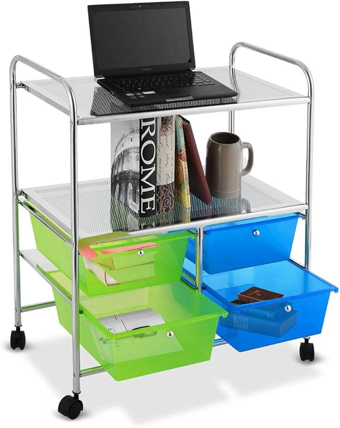 Carrello con 4 Cassetti e 2 Ripiani, Carrello Portaoggetti con Ruote per Cucina Bagno Ufficio, Multiuso, 58,5x37x75 cm (Blu+Verde)