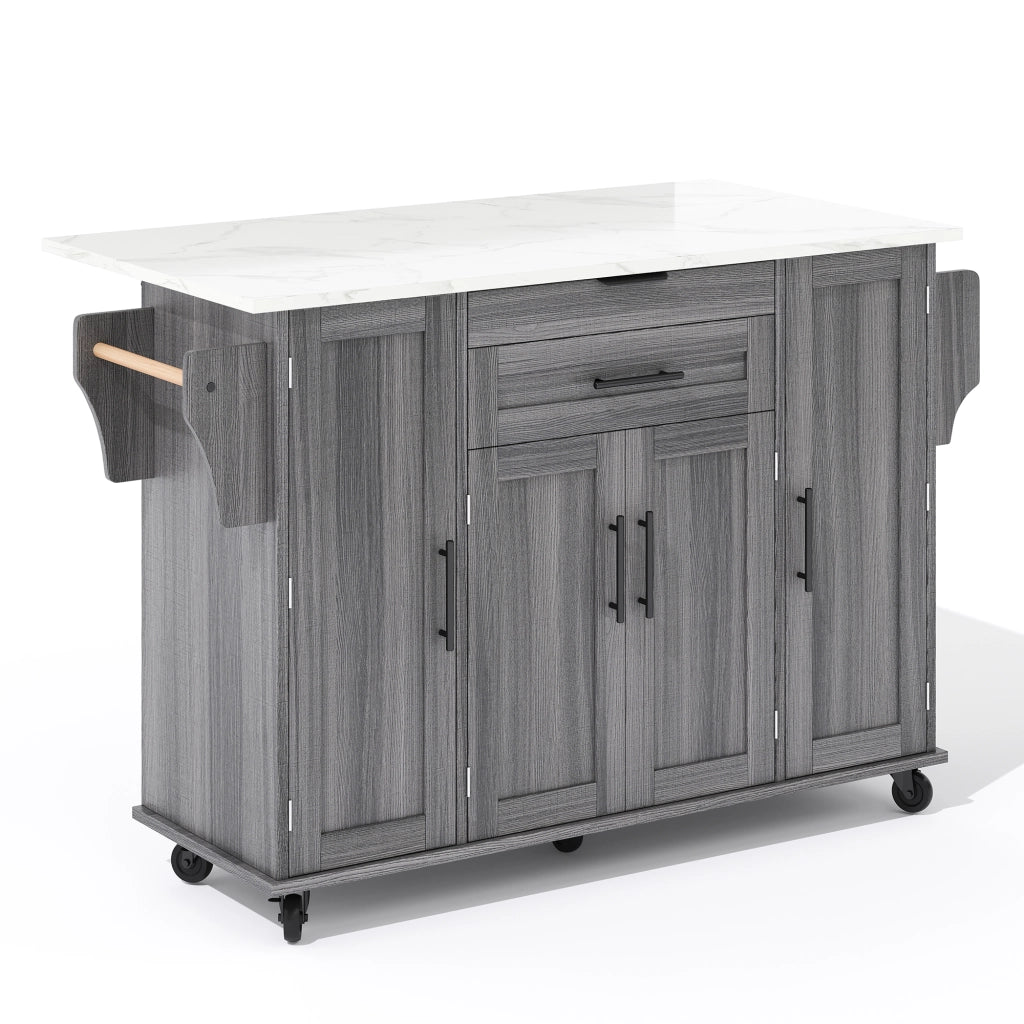 Isola da Cucina Mobile 136x45/70x92 cm Grigia e Legno con Piano Ribaltabile, Cassetti e 5 Ruote