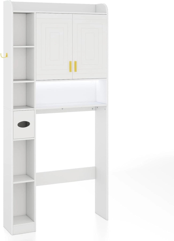 Mobile su WC con striscia luminosa, armadio da bagno con porte, ripiani aperti, supporto per carta igienica e gancio laterale, 80 x 20 x 171 cm, scaffale di stoccaggio (Marrone)