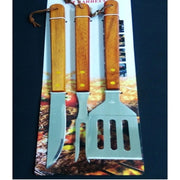 Trade Shop - Set Per Barbecue Grill In Acciaio Manico Legno Coltello Paletta Forchettone -