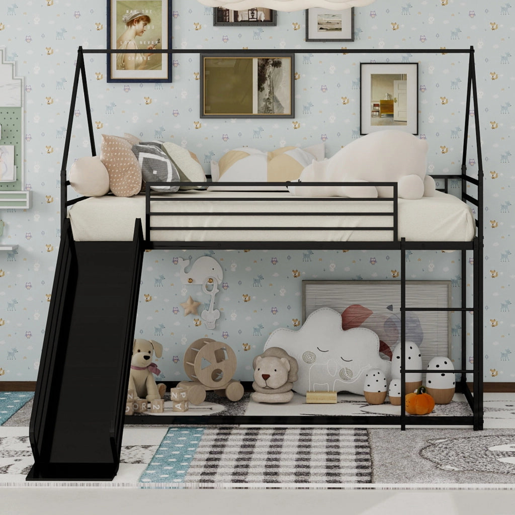 Letto a castello per bambini 90 × 190 cm con scivolo e scale, senza materasso, in ferro, nero