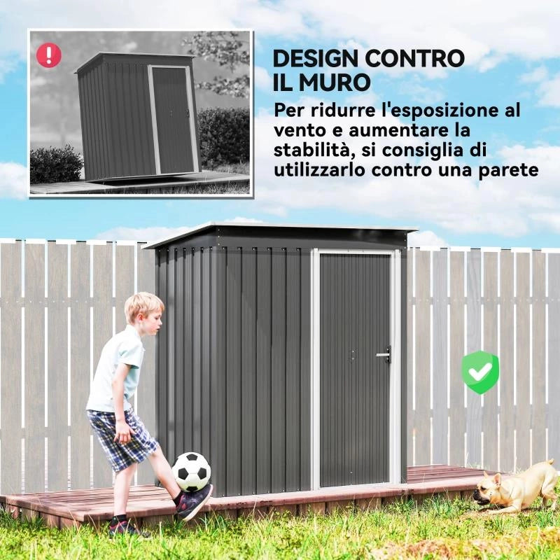 CAPANNO ATTREZZI CON TETTO INCLINATO E PORTA SCORREVOLE, IN ACCIAIO E PP, 163X89X182 CM, GRIGIO CHIARO