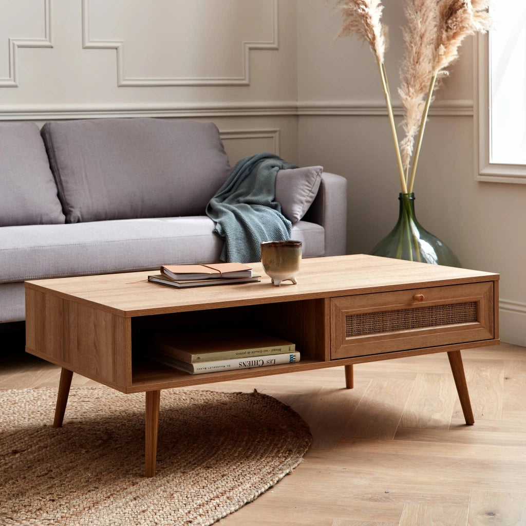 Tavolino scandinavo in vimini, 1 cassetto, marrone naturale