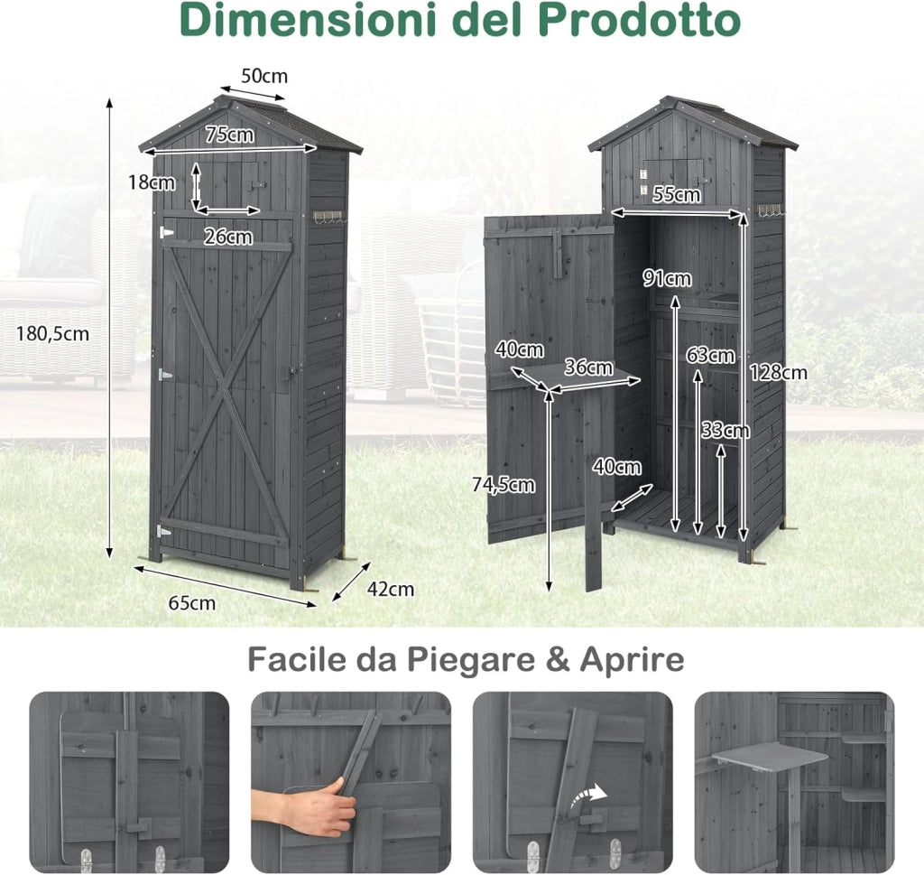 Armadio da Esterno in Legno, Capanno da Giardino con Serratura, Tavolo Pieghevole, Tetto Impermeabile, Ganci, Ripiani Rimovibili e 4 Staffe Metalliche, per Patio, Giardino e Cortile (Grigio)
