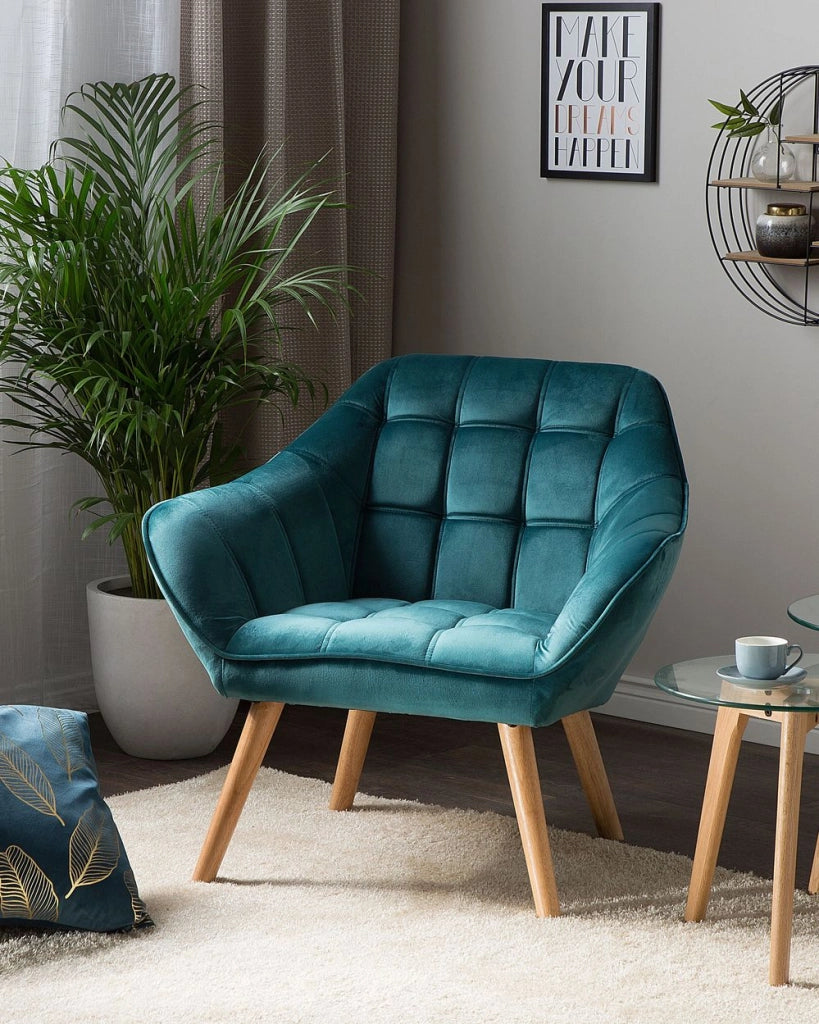 Poltrona con rivestimento in tessuto di velluto blu turchese Sedia con glam con gambe in legno