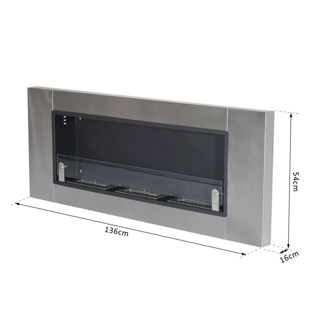 Easycomfort Caminetto a Bioetanolo da Parete in Acciaio Inossidabile Inodore con 3 Serbatoi 1.5LT, 136 x 14 x 54cm, Argento e Nero