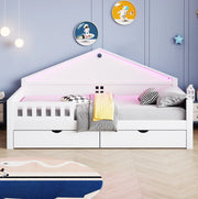 Letto singolo 90x200 cm con LED; 2 cassetti; in legno massello e MDF; bianco