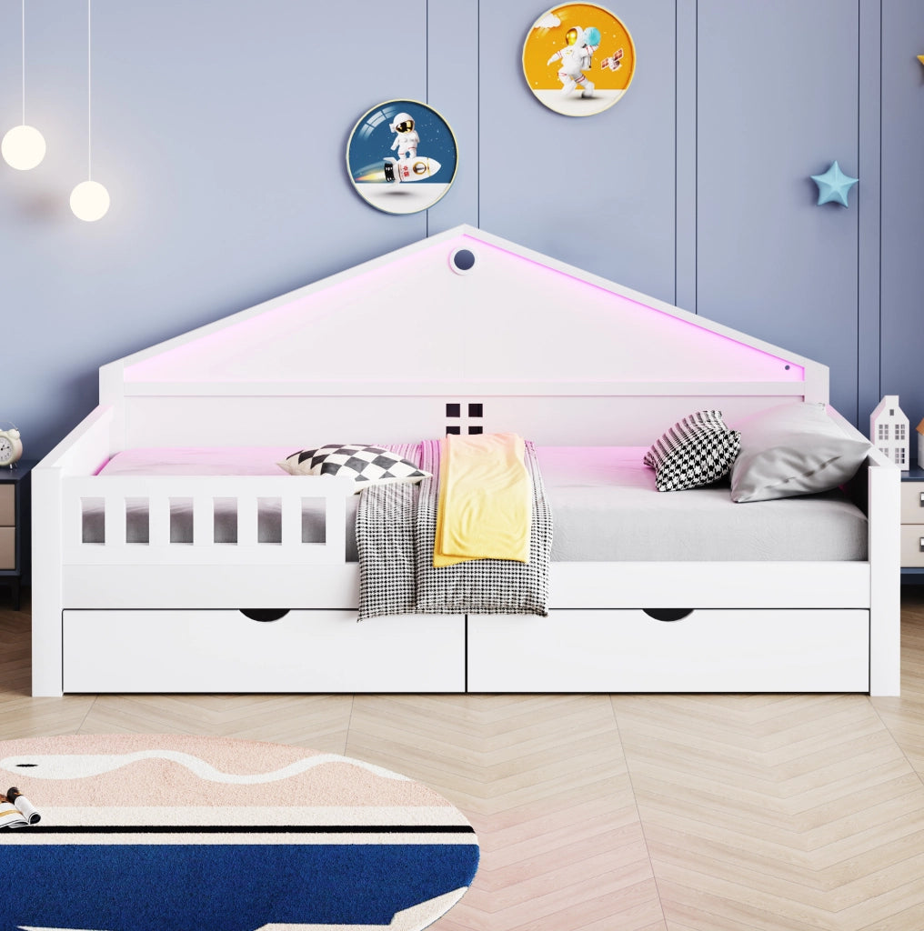 Letto singolo 90x200 cm con LED; 2 cassetti; in legno massello e MDF; bianco