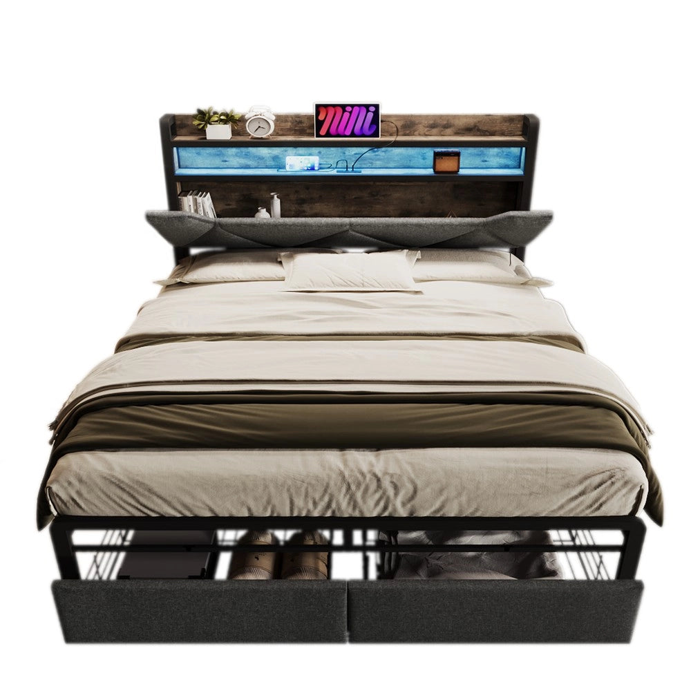 Letto Imbottito Contenitore con LED e Cassetti ¨C MINIMAL ¨C Grigio 140x200 con Materasso