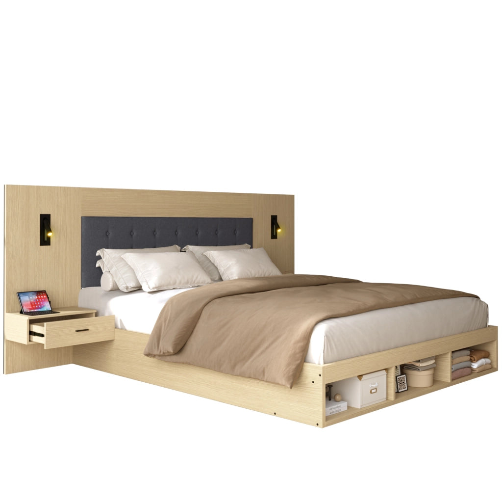 Letto matrimoniale contenitore 180x200 cm con faretti orientabili; USB C e 2 comodini; MDF rovere chiaro