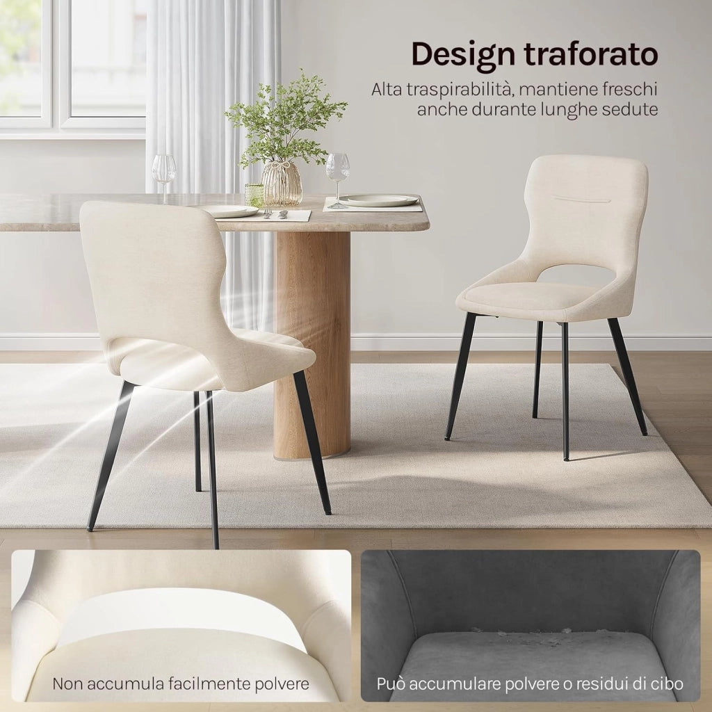 Set di 6 Sedia da Pranzo, Sedia Cucina con Schienale Curvo, Struttura Metallica, Rivestimento in Chenille, per Sala da Pranzo, Soggiorno, Cucina,Portata 150 kg, Beige