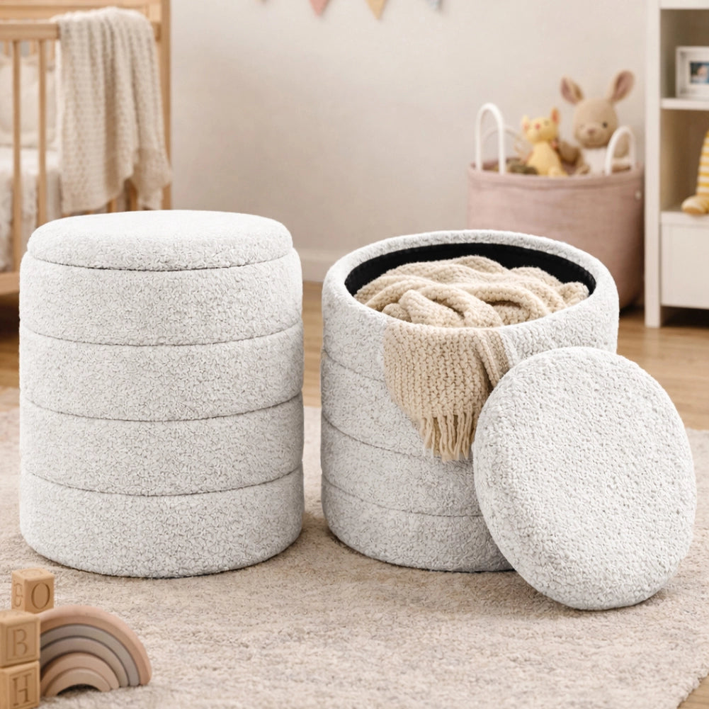 Set 2 Pouf Contenitori Rivestimento Bounclè Bianco Seduta Imbottita Ergonomica