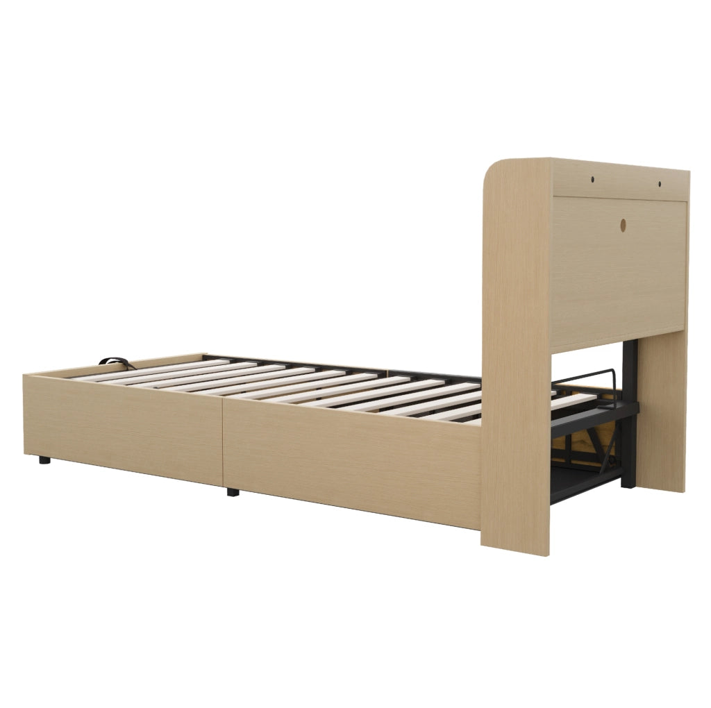 Letto singolo 90x200 cm con contenitore idraulico, testiera con ripiani e prese USB/Type-C