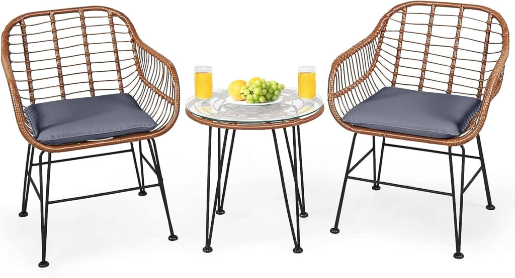 Set di Bistro di Conversazione per Patio, Set di Mobili in Rattan 3 Pezzi con Tavolo Rotondo & 2 Poltrone con Cuscini per Patio, Giardino, Terrazza, Balcone