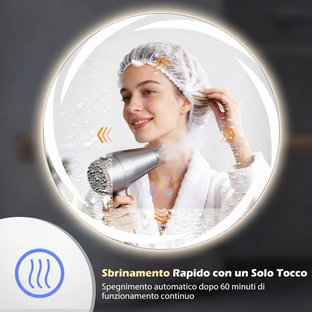 Specchio da Bagno con LED Rotondo 80 cm, Specchio da Parete Retroilluminato Dimmerabile con Vetro Temperato Antideflagrante, Luci a 3 Colori e Antiappannamento, IP44 (80 x 80 cm)