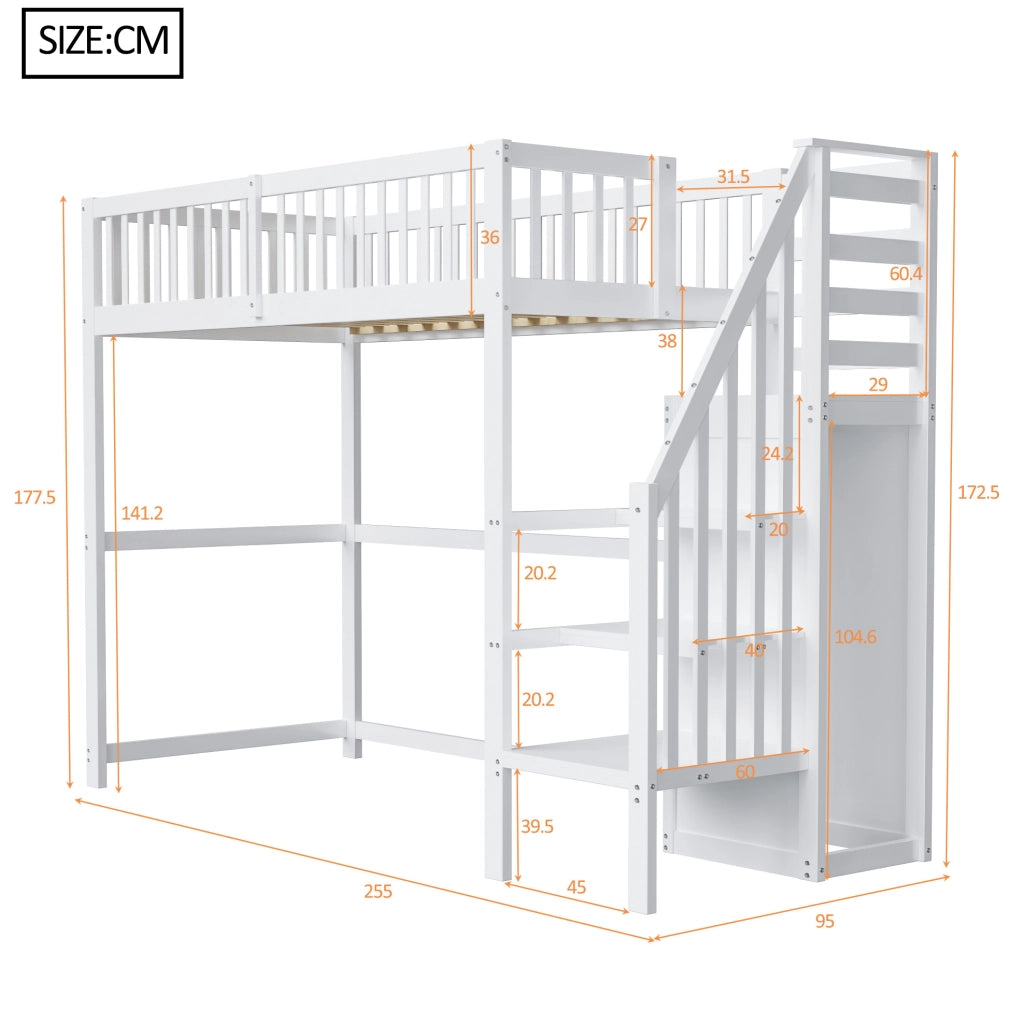 Letto a soppalco 90x200 cm con scala e armadio in legno bianco