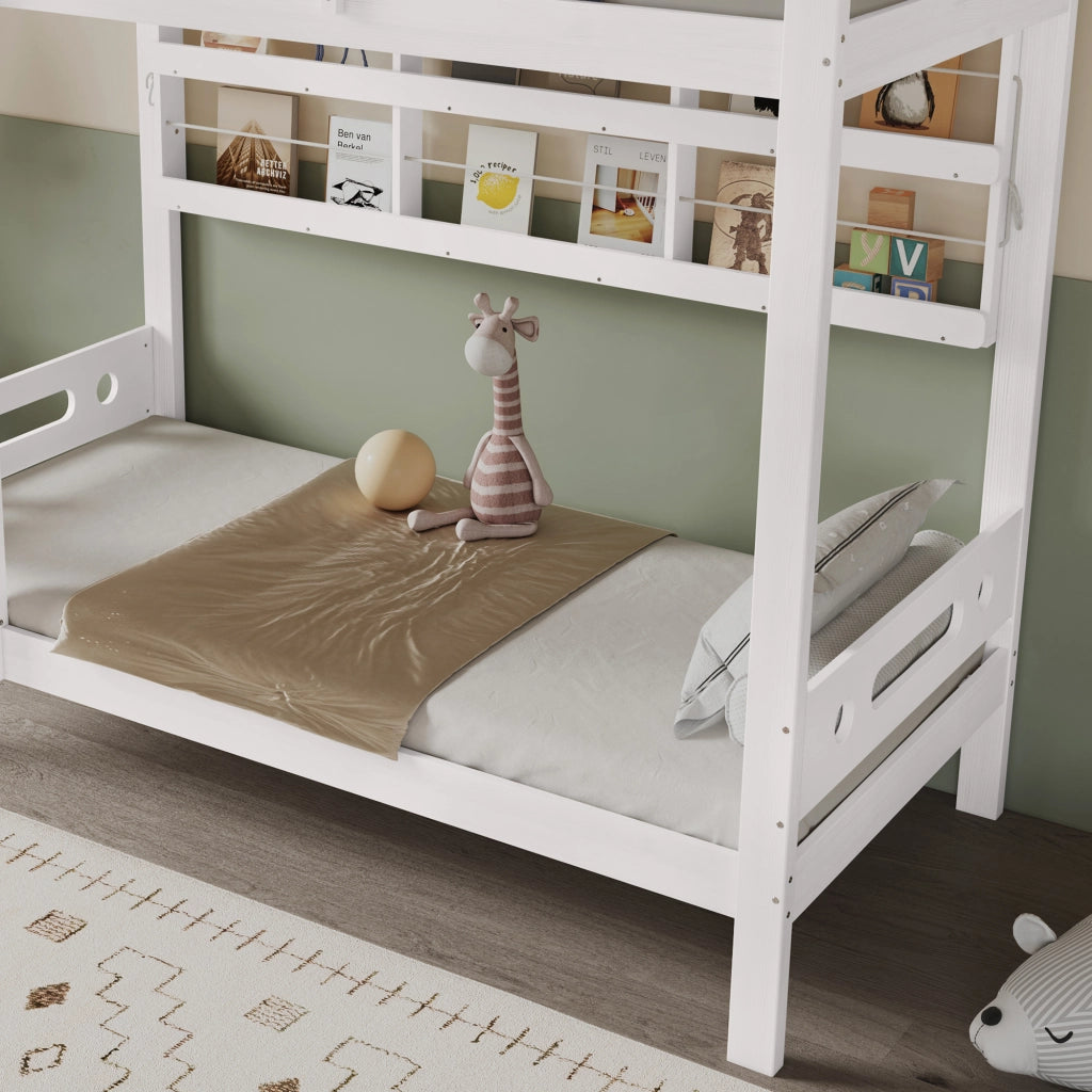 Letto a Castello Singolo 90x200 cm con Ripiani Aperti e Scala a 5 Gradini