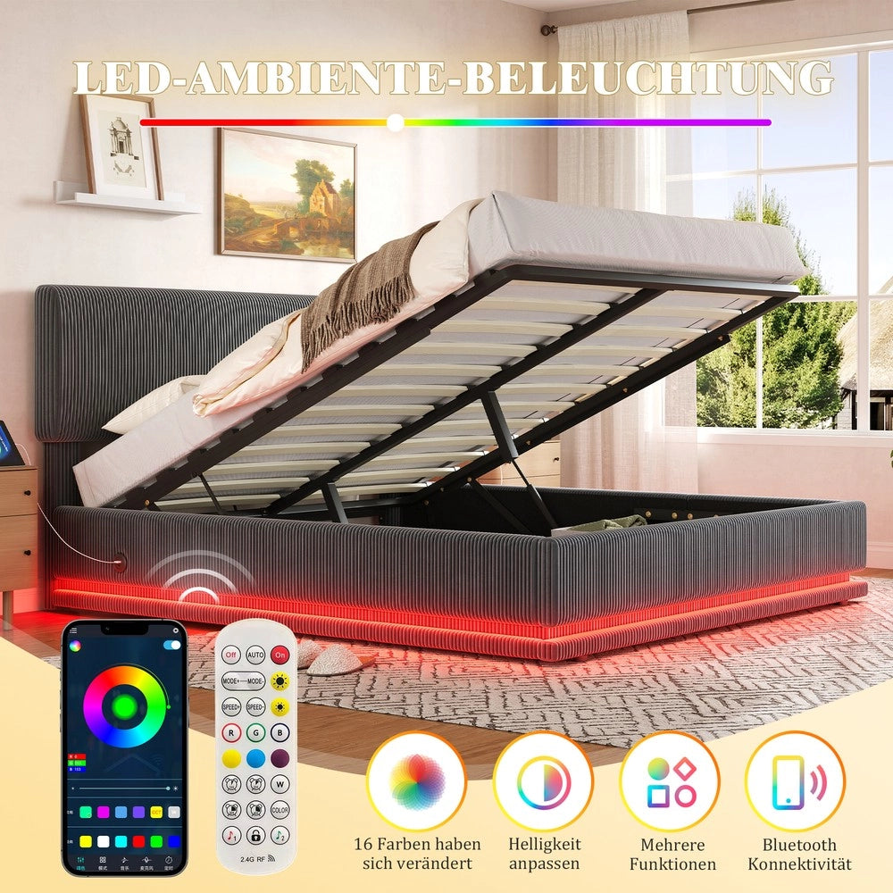 Letto Imbottito con LED, USB-C, Testiera Regolabile e Contenitore ¨C MINIMAL ¨C Velluto a Coste Grigio 140x200