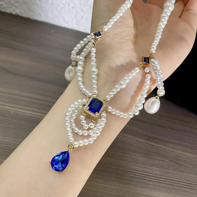 Collana vintage a pi¨´ strati con perle e gocce blu, regalo di Natale o compleanno.