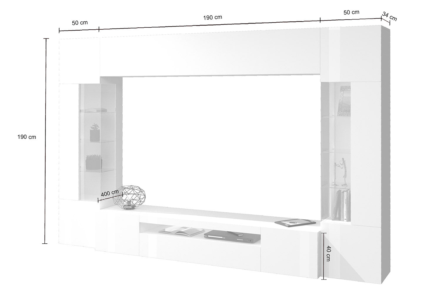 Parete Attrezzata Soggiorno 200x40x35 cm Egypt Bianco Lucido