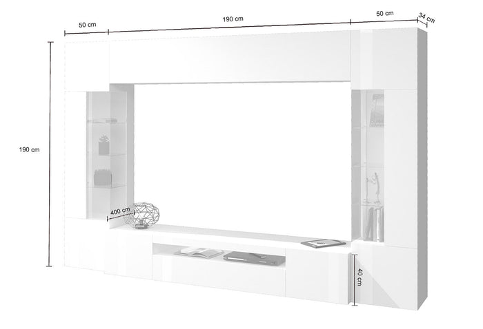 Parete Attrezzata Soggiorno 200x40x35 cm Egypt Bianco Lucido