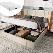 Letto imbottito con contenitore 140x200 cm in lino beige; LED RGB; porte USB e Tipo C