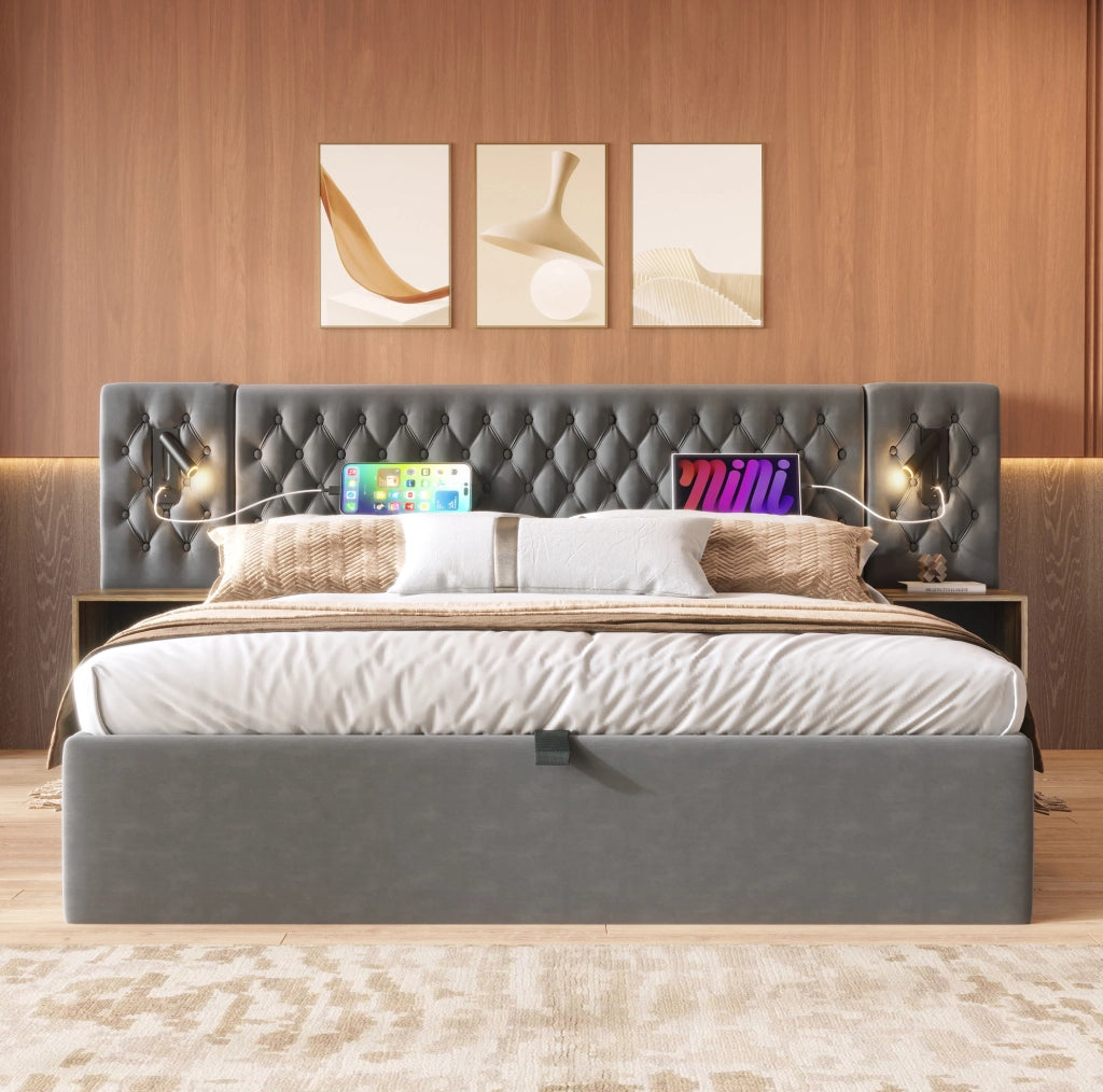 Letto matrimoniale 180x200 cm in velluto grigio con contenitore idraulico; 2 comodini e luci lettura