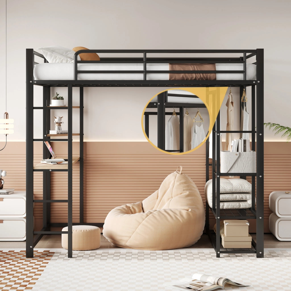 Letto a castello doppio nero con funzione scrivania e appendiabiti in metallo 140x200 cm