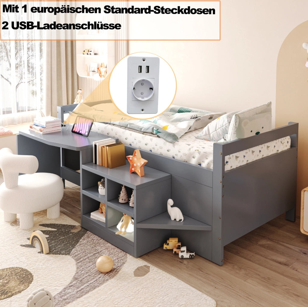 Letto singolo multifunzione 90x200 cm con scrivania; vani portaoggetti e prese USB; grigio